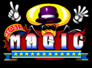 A cartoon magician character wearing a purple top hat with a yellow halo occupies the center of the title screen. The magician has a dark face with an exaggerated expression and extends both hands outward with peace signs. The word "MAGIC" appears in large white letters with a red outline below the character. "MEOSIS" is displayed in red text to the left of the main logo. A blue banner with yellow stars runs across the bottom of the composition against a black background.