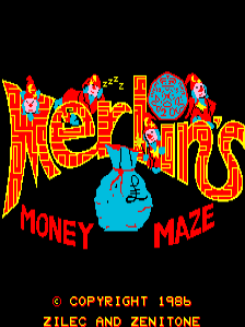 The title screen displays "Merlin's" in large red and orange pixelated letters with a blue wizard's hat or staff positioned centrally. Below the main title, "MONEY MAZE" appears in matching red text. A blue wizard's head in profile faces right in the lower center. The copyright notice "COPYRIGHT 1986" and "ZILEC AND ZENITONE" are printed in small red text at the bottom. The background is solid black.