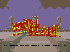 The title screen features a large red and yellow "METAL CLASH" logo with stylized lettering and flame effects positioned in the upper center against a purple sky background. Below the logo, a gray stone wall or fortification structure spans horizontally with green tiled turrets at each end. At the bottom, white pixelated text reads "1985 DATA EAST CORPORATION" with small copyright symbols. The color palette consists of purple, red, yellow, gray, and green with 8-bit sprite-style graphics typical of 1985 arcade hardware.