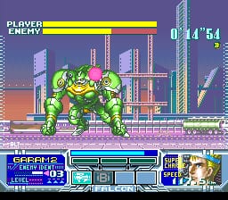 A large green robot mech with a rounded head occupies the center of the screen in a futuristic urban environment with purple-toned buildings and a parallax cityscape background. The HUD displays player health as a yellow bar at top-left reading "PLAYER ENERGY," score and time counters at top-right showing "0' 14' 54," and a control panel at the bottom featuring weapon icons, radar, and character portrait. The sprite-based graphics use a 16-bit SNES color palette with detailed pixelated mech and architectural elements across multiple layers of depth.