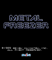The title screen displays "METAL FREEZER" in large outlined lettering at the center of a black background. Below the title, copyright text reads "©1988 SEIBU KAIHATSU INC. ALL RIGHTS RESERVED" in small white font. The Seibu logo appears at the bottom in blue. The entire screen uses a minimal arcade aesthetic with white vector-style text against solid black.