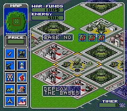 An isometric battlefield view displays a grid-based tactical layout with multiple terrain tiles containing structures, buildings, and defensive installations. The left side features a vertical control panel with colored icons for unit selection and commands. The top-left corner shows resource bars labeled MAP, FUNDS, and ENERGY in green. Text reading BASE NO1 appears in the upper-center area. The bottom displays DEFEND THE BASE in white text with a TIMER indicator. The color palette consists of greens, grays, and browns rendered in Mode 7-style Mode 7-style pseudo-3D perspective typical of early 1990s SNES hardware.