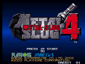 The Metal Slug 4 title screen features the game logo in large metallic gray lettering with a red "4" on the right side, accompanied by a revolver graphic. A dark blue background with a mechanical spherical object occupies the upper left. Below the logo, white text reads "PRESS 1P START" and "PRESS 2P START", followed by copyright information for Mega, Noise Factory, and Playmore dated 2002. The arcade board credit line appears at the bottom in small text.