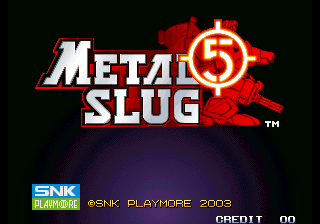 The Metal Slug 5 title screen displays the white and red logo with a large red explosion graphic behind it in the upper half against a black background. Below the logo, the SNK Playmore copyright text and "©SNK PLAYMORE 2003" appear in blue and yellow boxes on the left side. A purple circular gradient shape occupies the lower portion of the screen. The arcade credit counter shows "CREDIT 00" in the bottom right corner.
