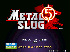The Metal Slug 5 title screen displays the game's logo in large white and red letters with a stylized explosion graphic behind it. Below the logo, white text reads "PRESS JP START" on a black background. The SNK Playmore copyright notice appears at the bottom left, along with "© SNK PLAYMORE 2003" and a credit counter showing "01" in the lower right corner. The background is solid black with red accent elements framing the title.