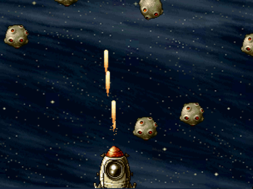 A pixel-art space scene displays a player-controlled rocket or spacecraft in the center with an orange flame exhaust, firing two projectiles upward. Multiple spherical enemy objects with circular port details are scattered across a dark starry background with small white dots representing stars. The composition uses a 16-bit color palette with deep blues and warm orange accents against the black space environment.