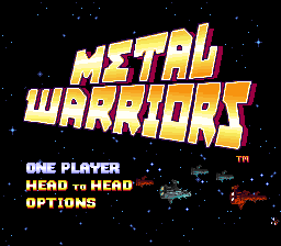 The Metal Warriors title logo dominates the upper portion in bold yellow and pink gradient letters with a metallic 3D effect. Below it, three menu options appear in yellow text: "ONE PLAYER", "HEAD vs HEAD", and "OPTIONS". The background is black with scattered white dots resembling stars. Small sprite graphics of mechas are visible on either side of the menu text—a gray and blue mecha on the left and a red mecha on the right. The LucasArts trademark symbol appears in the upper right corner.