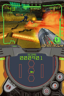 A first-person shooter perspective dominates the screen, showing an armored character firing an orange energy weapon at an enemy in a metallic arena. The HUD displays green and red geometric targeting reticles in the center, with numerical indicators including a score of 290521 at the bottom and energy/ammo bars along the edges. Green neon UI frames the top and sides of the gameplay area. An overhead radar map appears in the lower-left corner showing player position and movement zones. Explosions and weapons fire illuminate the orange-tinted environment.