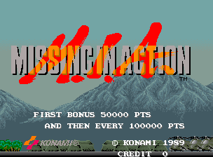The title screen displays 'MISSING IN ACTION' in large red and yellow pixelated lettering across the center, positioned over a mountainous landscape with gray peaks. Below the title, white text reads 'FIRST BONUS 50000 PTS' and 'AND THEN EVERY 100000 PTS'. At the bottom, a green ground area spans the width, with 'KONAMI' branding and copyright information visible in the lower left and center corners. The background features a teal-blue sky with a grayish mountain range rendered in a side-scrolling arcade game style.