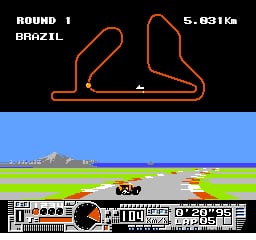 The top half displays a red wireframe overhead view of the Interlagos racing circuit labeled 'ROUND 1 BRAZIL' with a distance marker of 5.893 km. The bottom half shows a racing perspective view with a single race car on a green track against a light blue sky and distant landscape. A detailed HUD spans the bottom, featuring fuel gauge, lap counter, speed display, and gear indicator in an orange and black color scheme typical of NES-era racing games.