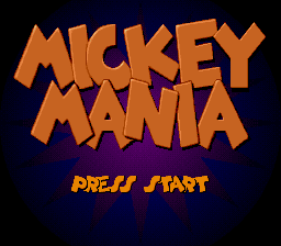 The title screen displays large orange pixelated letters spelling "MICKEY MANIA" against a dark blue background. Below the title, smaller orange text reads "PRESS START" in a similar blocky font style. The overall composition uses a limited color palette of orange, black, and dark blue, characteristic of early 1990s SNES graphics.