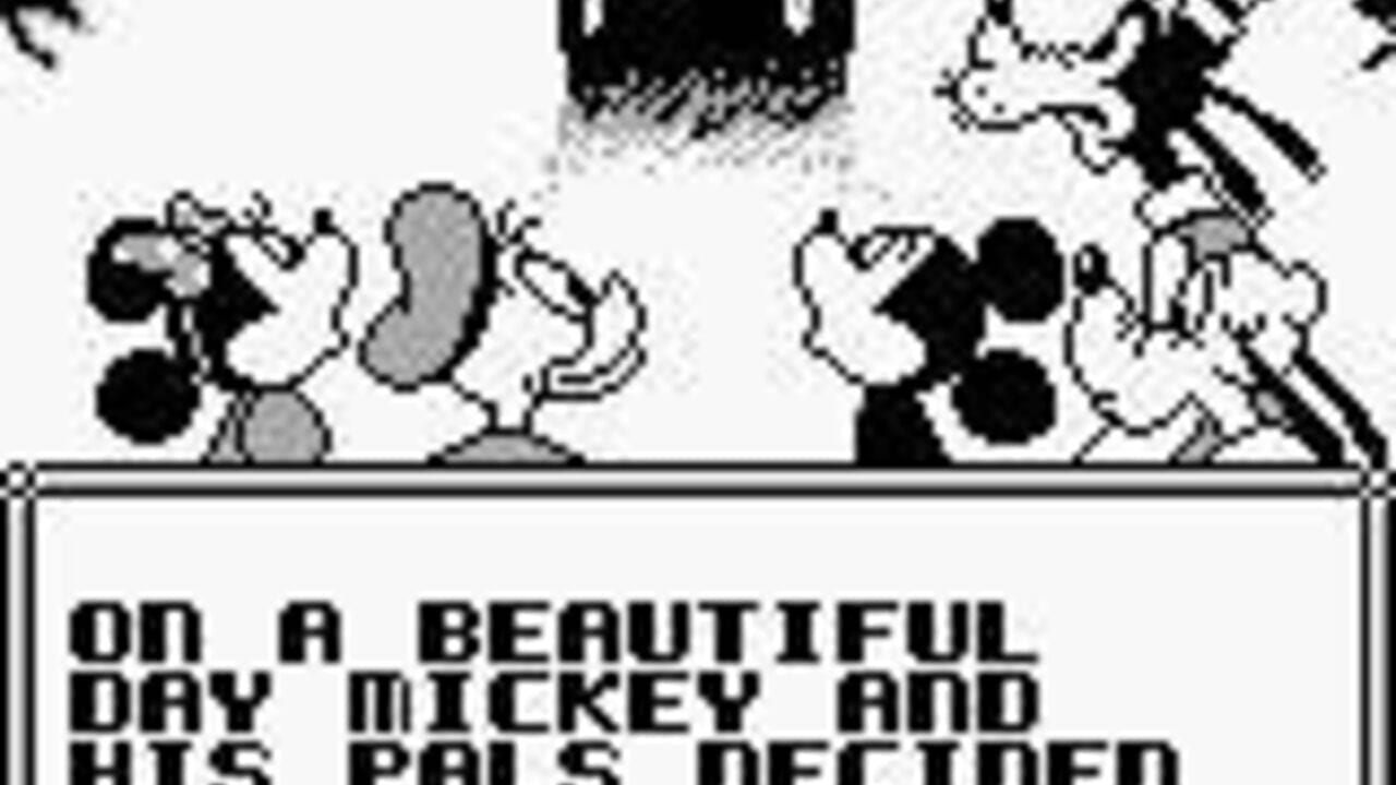 A monochrome Game Boy screenshot shows Mickey Mouse and Minnie Mouse standing on a platform against a light background. Mickey stands on the left in his classic pose with round ears and gloved hands, while Minnie appears on the right. Above them, stylized black shapes suggest scenery or obstacles. At the bottom, white text on a black bar reads "ON A BEAUTIFUL DAY MICKEY AND HIS PALS DECIDED" in a bold bitmap font typical of early Game Boy titles.