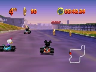 A kart racing game displays four racers on a purple track with white lane markers forming a circuit outline on the ground. The top-left shows 4th place and lap 10 indicators in orange text. A lap counter reads 00:42:23 in the top-center. Four karts are visible: Mickey Mouse in black in the foreground, a pink character on the left, a yellow kart in the center-distance, and a red kart on the right. Green hillsides and stadium structures line the track perimeter under a purple-tinted sky. The game uses bright, polygonal 3D graphics typical of Nintendo 64 racing titles.