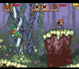 A side-scrolling platformer level displays Mickey Mouse on the right side standing on a brown mushroom or tree stump amid a purple-tinted forest environment. Green vines hang from above, and purple flowers dot the grassy ground. The HUD shows a score counter, health hearts, and coin count at the top. Donald Duck appears on the left side of the screen near the ground level. The sprite-based graphics use 16-bit color depth with parallax-scrolling background layers creating depth.