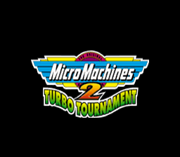 The title screen displays the Micro Machines 2 logo prominently at the center, rendered in bright yellow and white lettering with a red arch above. Below the main title, "Turbo Tournament" appears in green text with a yellow lightning bolt accent. The logo is set against a black background with a blue and gold banner-style frame. The overall design uses a flat, bold graphic style typical of 16-bit era video game packaging.