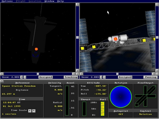 A split-screen view displays two spacecraft perspectives in a space environment with a black background. The left panel shows a distant red-lit object, while the right panel presents a closer view of a space station or structure with illuminated docking ports and geometric architecture. The bottom half contains a dense instrument panel with multiple gauge readouts, numerical displays, status indicators, and a blue circular radar display on the right side. Yellow and green bar graphs, text fields, and various control interface elements fill the lower UI section, rendered in a dark theme with light-colored text typical of early 1990s DOS-era space simulation software.