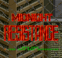 The title screen features red pixelated lettering spelling "MIDNIGHT RESISTANCE" in the center, with green text reading "DATA EAST" below it. Behind the title text is a parallax scrolling background of tall brown and gray office buildings with regular window patterns stacked vertically, creating an urban cityscape scene typical of late-1980s arcade graphics.