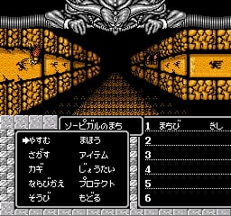A first-person dungeon view displays a stone corridor with golden-yellow torches mounted on black walls, creating a symmetrical perspective tunnel. Below the 3D viewport, a two-panel menu interface shows Japanese text on the left listing options like items and spells, while the right panel displays a numbered list from 1-6. The graphics use a low-resolution pixel art style typical of early NES RPGs, with a black background framing the scene.