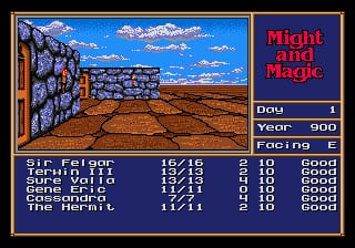 A first-person dungeon view displays a stone corridor with a wooden door on the left and a blue sky with clouds visible beyond an opening on the right. The lower portion contains a character status panel listing four party members (Sir Pelor, Acres, Gene, and The Bard) with their levels, hit points, and condition indicators marked as "Good." The top-right corner shows "Might and Magic" in red text with game data indicating Day 1, Year 900, and Facing E. A gold-bordered frame surrounds the scene on a dark blue background.