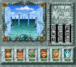 A split-screen display shows a 3D isometric dungeon view in the upper half with turquoise water and dark stone structures beneath a blue sky, framed by ornate orange corner brackets. The lower half displays a row of six character portrait slots with green borders, each showing different party members rendered in low-resolution pixel art. Text reading 'Might and Magic' appears in the upper right corner in gray serif font against a stone texture background. The overall interface uses a dark gray stone-pattern border with gold accents around the edges.