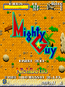 The title screen features large colorful letters spelling 'Mighty Guy' in red, blue, and green against an orange sandy background dotted with rocks and green plants. At the top, a score display shows '60150' and 'PLAYER 30'. Below the title, white text reads 'INSERT COIN' followed by copyright information for Nichibutsu from 1986. The arcade cabinet credits appear at the bottom. The pixel art style uses bright 8-bit colors typical of mid-1980s arcade games.