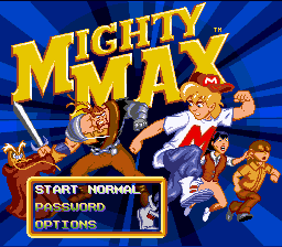 The title screen displays 'MIGHTY MAX' in large yellow letters across a blue radial background. Below the logo, four pixelated character sprites are shown in action poses. A menu box in the lower-left corner lists options: 'START', 'NORMAL', 'PASSWORD', and 'OPTIONS' with small character portraits next to each. The artwork uses a bright color palette with red, blue, yellow, and brown tones typical of 16-bit sprite animation.