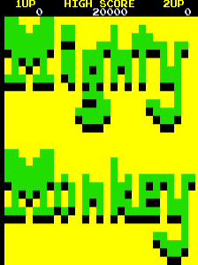 The title screen displays the word "MIGHTY" in large blocky yellow and green pixels across the upper half, with a green gorilla-like character silhouette visible below. The arcade UI shows "1UP" in the top-left corner, "HIGH SCORE" centered at the top, and "2UP" in the top-right, rendered in small yellow text on green background. At the bottom is a yellow platform with green jagged edges resembling a jungle structure. The entire image uses a limited color palette of green, yellow, and black pixels typical of early 1980s arcade graphics.
