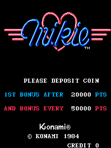 The arcade title screen displays a large neon-style "Mikie" logo in blue and red at the top, flanked by horizontal wings. Below, white text instructs players to deposit a coin and lists bonus point thresholds: 20000 points for the first bonus and 50000 points for subsequent bonuses. At the bottom, Konami's copyright notice and the year 1984 appear in white text, with a credit counter showing "0" in the lower right corner.