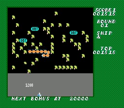 A green pixelated background fills the play area with numerous yellow millipede segments scattered throughout the upper portion. A player character sprite appears near the bottom center. Yellow mushroom sprites are distributed across the field. The score display at the top shows "SCORE 662131" in white text, with "BONUS" and "SKIP" indicators to the right. A gray status bar at the bottom displays "1200" on the left and "NEXT BONUS AT 20000" in white text. The HUD shows typical NES-era resolution and color palette with 8-bit sprites.