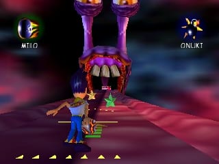 A blue cartoon character stands in the center of a 3D lane with a pink-red floor, facing a large purple bowling pin-shaped structure with two tower sections. Two UI icons appear in the top corners labeled 'MILO' on the left and 'ONLIKI' on the right. The background shows a dark gradient sky with pink and blue hues. A row of small white objects lines the bottom of the screen, likely pins or score indicators. The graphics use bright primary colors with a low-polygon 3D art style typical of Nintendo 64 games.