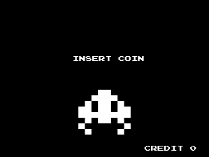 A black screen displays white pixelated text reading "INSERT COIN" centered near the top. Below it sits a white 8-bit sprite resembling an invader creature with a triangular head and extended arms, positioned in the center. The lower right corner shows "CREDIT 0" in white text. The overall composition uses a stark black background with simple white vector-style typography and monochrome pixel graphics typical of early 1990s arcade displays.