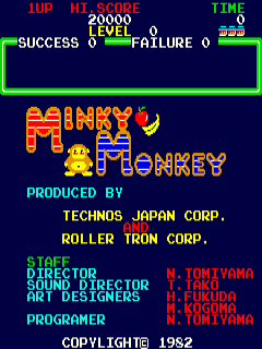 The title screen displays "MINKY MONKEY" in large orange pixelated letters at center, with a yellow monkey sprite beneath it. A green horizontal bar separates the upper UI from the title area. The top shows game stats: "1UP", "HI_SCORE 20000", "TIME 0", and "LEVEL 1" with "SUCCESS 0" and "FAILURE 0" counters. Below the title, credits list "PRODUCED BY TECHNOS JAPAN CORP. ROLLER TRON CORP." in cyan and yellow text, followed by staff names including directors and programmers in cyan, and a copyright notice "©COPYLIGHT 1982" at the bottom. The background is solid dark blue.