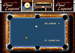 A pool table viewed from above occupies the center of the screen with a blue felt surface and decorative gold-and-black borders. Two cue balls are visible on the table. The UI displays 'PLAYER 1' at top left and 'P.GARCIA' below it. The 'Pool Legend' logo appears twice in the upper corners with decorative gold banners. Score counters labeled 'GAMES' and 'TOTAL' sit in the top center. The entire interface uses a gold and black color scheme with pixelated Sega Genesis-era graphics.