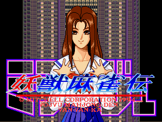 A title screen displays a woman with long reddish-brown hair wearing a blue and white outfit, centered in the upper portion. Below her face, stylized neon-pink Japanese characters form the game title, flanked by geometric patterns in purple and blue. A smaller text panel reading 'VS CORPORATION' appears beneath the title. The background features a grid pattern in purple and teal tones with horizontal striping, characteristic of early 1990s arcade graphics. The entire screen is bordered by a thick black frame.