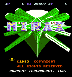 The title screen features large green geometric shapes forming a stylized 'M' pattern in the center of a black background. White blocky text spelling 'MIRAX' overlays the green shapes. The top of the screen displays score information: '1P', 'O', 'HI 25300', '2P', and 'O'. At the bottom, yellow text reads '©1985 COPYRIGHT' followed by 'ALL RIGHTS RESERVED' and 'CURRENT TECHNOLOGY, INC.' in white. The overall aesthetic uses a limited color palette of green, white, yellow, and black typical of early 1980s arcade graphics.