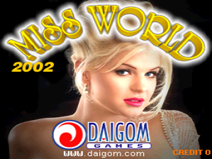A title screen featuring a close-up photograph of a blonde woman's face with heavy makeup and pink lipstick against a black background. Yellow glowing text reading "Miss WORLD" appears at the top with "2002" below it in smaller yellow text. The Daigom Games logo in red and blue sits in the lower left, with "CREDIT 0" displayed in orange text at the bottom right corner.