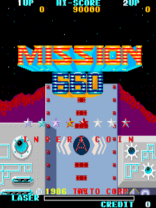The title screen displays 'MISSION 660' in large orange pixelated letters at the top center. Below sits a blue arcade cabinet viewed from the front, with red and white decorative elements flanking it. A red jagged mountain silhouette forms the background. The top bar shows score displays reading 'TOP', '1UP', 'HI-SCORE', and '2UP' with numerical values. At the bottom, cyan text reads 'LASER' on the left and 'CREDIT' on the right, with 'TIME TO GAMBY' visible in the center. The overall palette uses bright cyan, red, orange, blue, and white against a black background typical of 1980s arcade graphics.