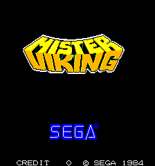 The title screen features the yellow and blue "MISTER VIKING" logo centered in large pixelated letters against a black background. Below it, the blue "SEGA" wordmark is displayed. At the bottom, white text reads "CREDIT" on the left and "© SEGA 1984" on the right, with a score counter showing "0" in the center.