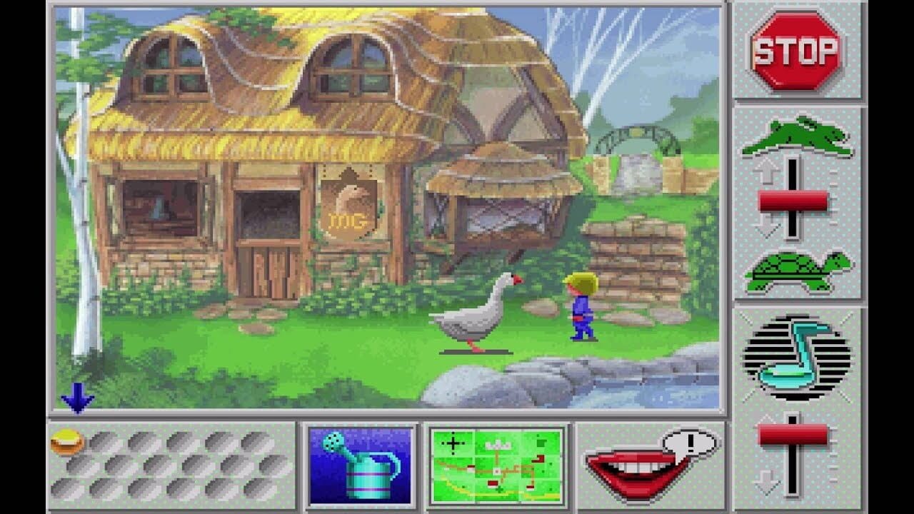 A rustic cottage with a thatched roof dominates the left side of the screen, featuring two round windows and a wooden door. A white goose stands on green grass in the center-foreground, while a child character in blue clothing with yellow hair stands to the right. A stone well structure appears in the background. The right edge displays a vertical toolbar with navigation icons including a stop sign, directional arrows, and crossing symbols. The bottom panel contains three smaller windows showing inventory items, a blue container interface, a green map grid, and a smiling face icon. A blue downward arrow indicates the player's current position.