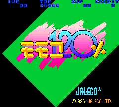 A bright green diamond-shaped frame dominates the center with the title "Momoko 120%" rendered in large, colorful pixelated lettering in pink, yellow, and cyan. A pink spherical character with facial features appears above the title text. The top of the screen displays score information and gameplay stats in small white text against the black background. At the bottom right, the Jaleco copyright notice and 1986 date appear in white text. The overall art style uses bold primary colors typical of mid-1980s arcade games.
