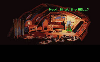 A pixelated interior scene rendered in warm orange and brown tones shows a cluttered cabin or ship interior with various furniture, barrels, and objects scattered throughout. Blue dialogue text reading "Hey! What the HELL?" appears at the top of the screen against the dark background. The scene uses a low-resolution pixel art style typical of early 1990s adventure games, with a flat perspective view of the room's contents.