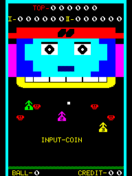 A cyan-colored pixelated character with a round head and white eyes occupies the center of the screen against a black background. Above it, a horizontal row of white circles spans the top portion. Below the character sits a yellow rectangular bar. In the lower half, scattered colored shapes include green trees on the left, red hearts on the right, and a purple triangle in the center. The text "INPUT-COIN" appears in yellow at the bottom, with "BALL=0" and "CREDIT=0" displayed in the lower corners against the black background.