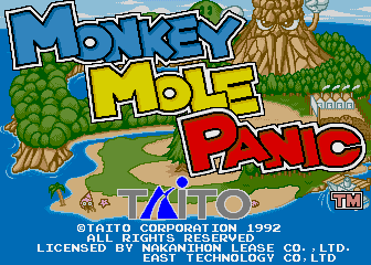 The title screen displays large pixel-art letters spelling 'MONKEY MOLE PANIC' in blue, yellow, and red across the center. Behind the text sits a colorful landscape with blue sky, green trees, a brown tree stump on the right, sandy paths, and a small building in the distance. The bottom of the screen shows copyright information for Taito Corporation 1992 and licensing details for Nakanihon and East Technology. The overall art style uses 16-bit sprite graphics with a bright, cartoonish color palette typical of early-1990s arcade games.