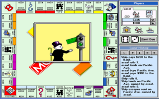A Monopoly board game interface displays a cartoon character in a red outfit kicking a green money bag toward a window in the center game area. The traditional Monopoly board squares line the outer edges in four rows, with property cards, dice, and game pieces visible around the perimeter. A panel on the right side shows game statistics and player information in small text. The art style uses bright primary colors with flat 2D sprites rendered in low resolution typical of early 1990s DOS graphics.