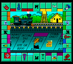 A Monopoly board game interface displayed in a grid layout with bright cyan and magenta borders. The top half shows a steam locomotive and green houses on railroad tracks against a turquoise background. The bottom half displays property cards in dark blue with orange and yellow text, including visible property names and rent values. Colorful game pieces and dice icons are scattered around the perimeter of the board in a checkerboard pattern. The overall presentation uses 16-bit Sega Genesis-era pixel graphics with flat, bright colors typical of early 1990s console adaptations.