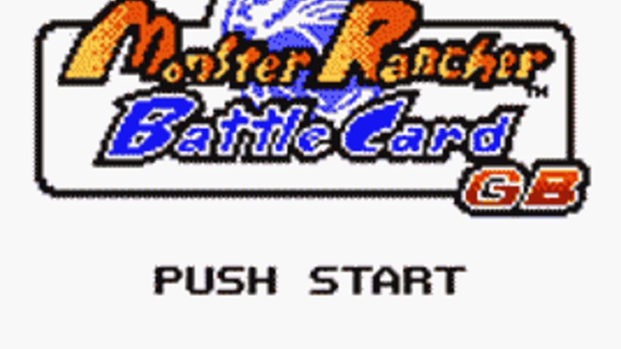 The title screen displays 'Monster Rancher Battle Card GB' in orange and blue stylized text against a white background, with a decorative blue creature illustration above the logo. Below the title, red 'GB' lettering indicates the Game Boy platform. At the bottom center, black text reads 'PUSH START' in a simple bitmap font. The overall layout uses a bordered rectangular frame with black outlines typical of Game Boy-era graphics.