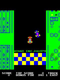 The title screen displays two small pixelated characters in the center-left area against a black background, with vertical bars of bright green and blue arranged on the left and right edges. A checkerboard pattern in blue and yellow spans the bottom third of the screen. The Atari Inc. copyright notice and 1979 date appear in the lower-left, while game interface text including SCORE, TOP SCORE, BONUS FOR, and 340 1 EASY appears along the bottom edge. The overall color palette consists of bright neon green, blue, yellow, orange, and black on a low-resolution display typical of 1979 arcade hardware.