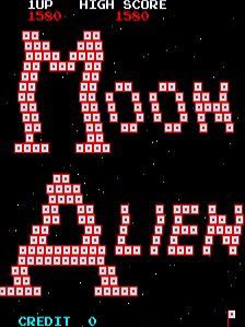 The title screen displays 'MOON ALIEN PART 2' in red pixelated text at the top center, with 'TOP' and 'HIGH SCORE' indicators in the upper left corner. Below the title, large red and white block letters spell out the game name across the black background. At the bottom left, cyan-colored text reads 'CREDIT 0', and a small white pixel sprite appears near the center-bottom of the screen. The overall composition uses a stark black background with red and white blocky pixel graphics typical of early 1980s arcade aesthetics.