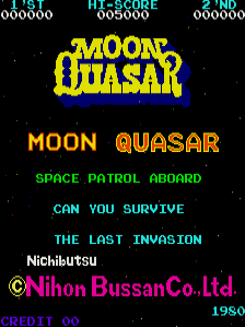 The arcade title screen displays "MOON QUASAR" in large yellow and blue pixelated letters at the top. Below sits cyan text reading "MOON QUASAR" followed by three lines: "SPACE PATROL ABOARD," "CAN YOU SURVIVE," and "THE LAST INVASION." Developer credits appear in magenta: "Nichibutsu" and "© Nihon Bussan Co.Ltd." At the top, score displays show "HI-SCORE" and "CREDIT" with numerical values. The black background contains scattered cyan and magenta text elements, with a "CREDIT 00" indicator in the bottom right corner.