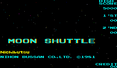The title screen displays 'MOON SHUTTLE' in large cyan pixelated letters centered on a black starfield background with small white dots. Below the title, developer credits read 'Nichibutsu' and 'NIHON BUSSAN CO., LTD. ©1981' in yellow text. A cyan 'CREDIT' label appears in the bottom right corner. Score and gameplay information displays in cyan and yellow text along the top and right edges, including 'B26B', '5000', '1 TEST', and '00'. The overall aesthetic uses a limited early arcade color palette against a pure black background.